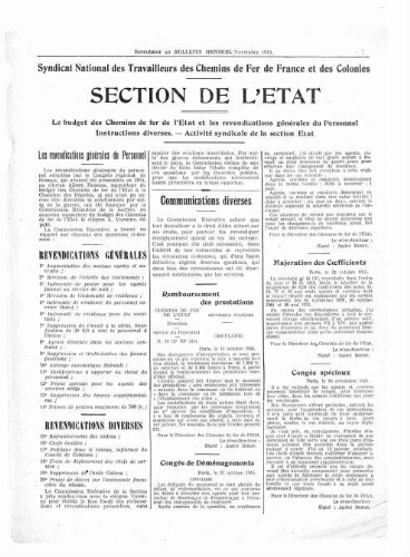 Bulletin mensuel du syndicat national des travailleurs des chemins de fer de France et des colonies, supplément au n° 16, Novembre 1915