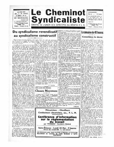 Le Cheminot syndicaliste, n° 287 ( n° 11 de l'année 1937), 10 juin 1937