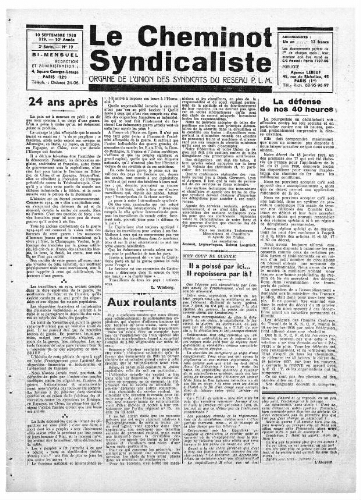 Le Cheminot syndicaliste, n° 319 (n° 18 de l'année 1938), 10 septembre 1938