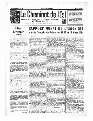 Le Cheminot de l'Est, n° 29, Février 1934