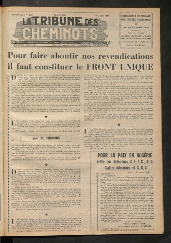 La Tribune des cheminots, n° 233, 18 octobre 1960