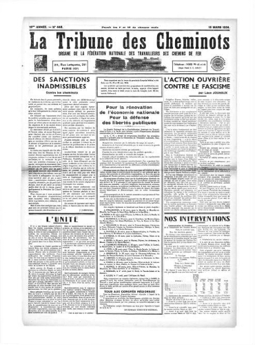 La Tribune des cheminots [confédérés], n° 448, 15 mars 1934
