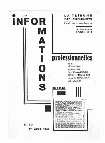 La Tribune des cheminots : les informations professionnelles de la Fédération nationale des travailleurs des chemins de fer, n° 60, 1er août 1943