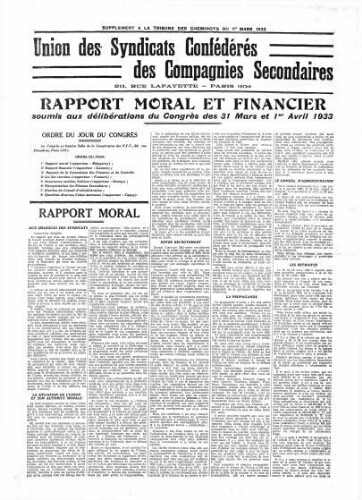 La Tribune des cheminots [confédérés], supplément au n° 423, 1er mars 1933