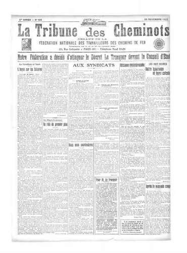 La Tribune des cheminots [confédérés], n° 128, 20 novembre 1922