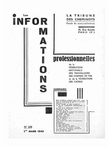 La Tribune des cheminots : les informations professionnelles de la Fédération nationale des travailleurs des chemins de fer, n° 28, 1er mars 1942