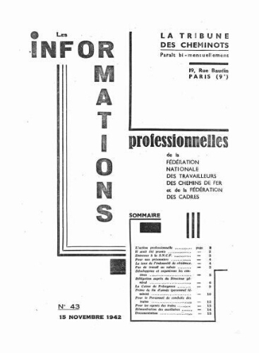 La Tribune des cheminots : les informations professionnelles de la Fédération nationale des travailleurs des chemins de fer, n° 43, 15 novembre 1942