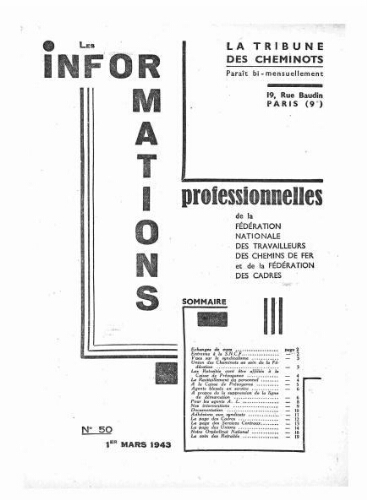 La Tribune des cheminots : les informations professionnelles de la Fédération nationale des travailleurs des chemins de fer, n° 50, 1er mars 1943
