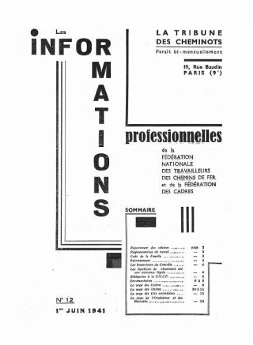 La Tribune des cheminots : les informations professionnelles de la Fédération nationale des travailleurs des chemins de fer, n° 12, 1er juin 1941
