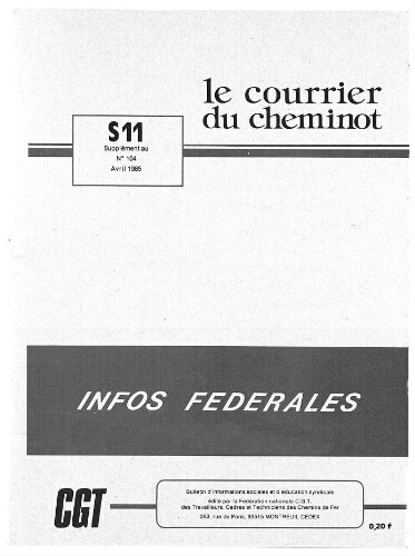 Le Courrier du cheminot, supplément n° 11 au n° 104, Avril 1985