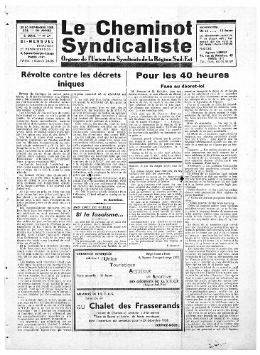 Le Cheminot syndicaliste, n° 324 (n° 24 de l'année 1938), 25 novembre 1938 - 30 novembre 1938