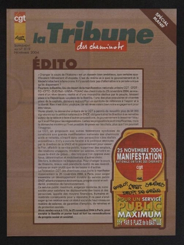 La Tribune des cheminots [actifs], supplément au n° 819, Novembre 2004