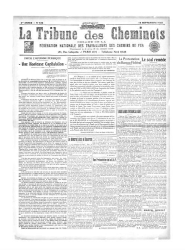La Tribune des cheminots [confédérés], n° 123, 15 septembre 1922