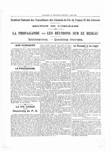 Bulletin mensuel du syndicat national des travailleurs des chemins de fer de France et des colonies, supplément au n° 25, Août 1916