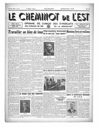 Le Cheminot de l'Est, n° 153, Août 1939