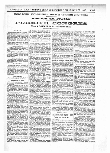 La Tribune de la voie ferrée, supplément n° 96, supplément au n° 753, 17 janvier 1913