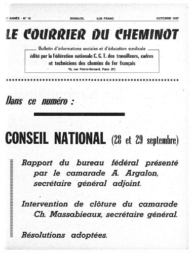 Le Courrier du cheminot, n°16, Octobre 1967