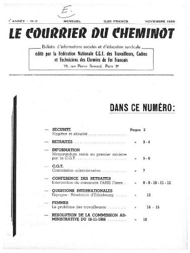 Le Courrier du cheminot, n°9, Novembre 1966