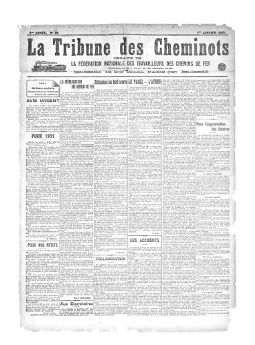 La Tribune des cheminots, n° 81, 1er janvier 1921