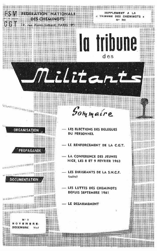 La Tribune des militants, n° 9, supplément au n° 282 de La Tribune des cheminots, Novembre 1962 - Décembre 1962
