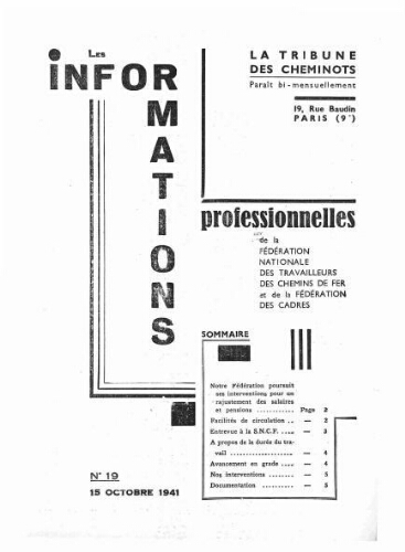 La Tribune des cheminots : les informations professionnelles de la Fédération nationale des travailleurs des chemins de fer, n° 19, 15 octobre 1941