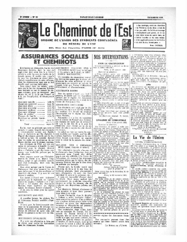 Le Cheminot de l'Est, n° 10, Décembre 1929