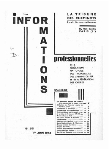 La Tribune des cheminots : les informations professionnelles de la Fédération nationale des travailleurs des chemins de fer, n° 56, 1er juin 1943
