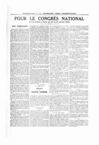 La Tribune des cheminots [confédérés], supplément au n° 106, 1er janvier 1922