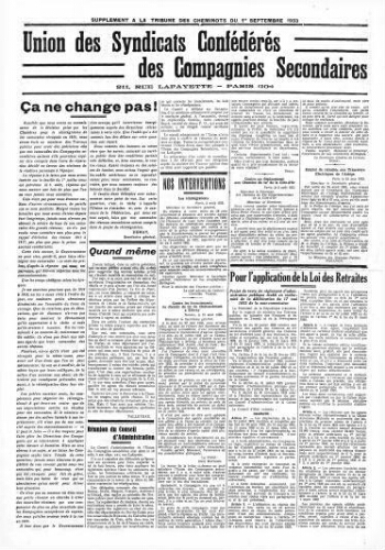 La Tribune des cheminots [confédérés], supplément au n° 435, 1er septembre 1933