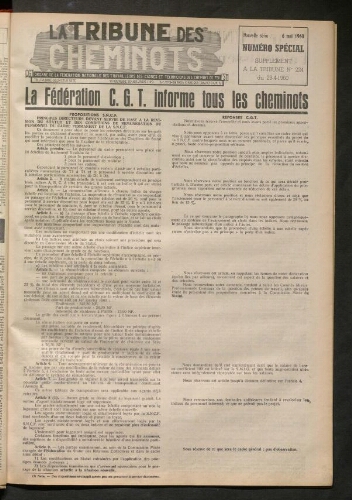 La Tribune des cheminots, supplément au n° 224, 6 mai 1960