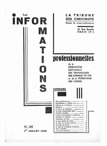 La Tribune des cheminots : les informations professionnelles de la Fédération nationale des travailleurs des chemins de fer, n° 36, 1er juillet 1942