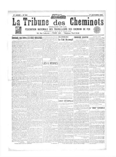 La Tribune des cheminots [confédérés], n° 124, 1er octobre 1922