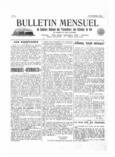 Bulletin mensuel du syndicat national des travailleurs des chemins de fer de France et des colonies, n° 4, Novembre 1914