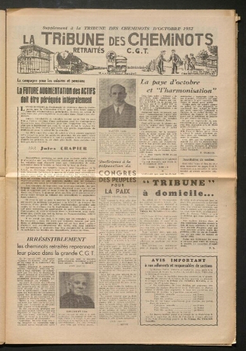 La Tribune des cheminots retraités CGT, supplément, Octobre 1952