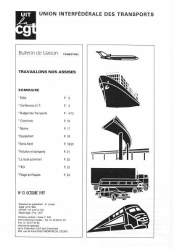 Bulletin de liaison de l'Union Interfédérale des Transports, n° 13, Octobre 1997
