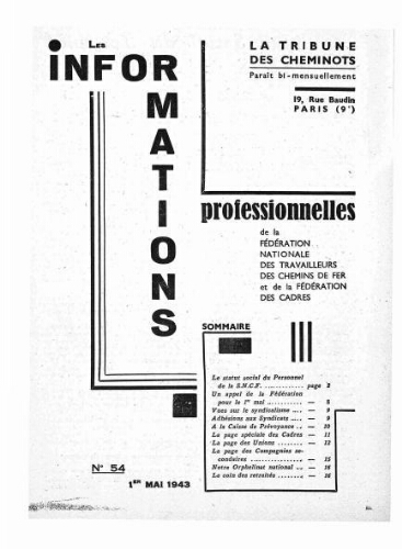 La Tribune des cheminots : les informations professionnelles de la Fédération nationale des travailleurs des chemins de fer, n° 54, 1er mai 1943