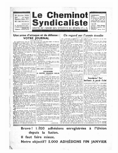 Le Cheminot syndicaliste, n° 228 ( n° 1 de l'année 1935), 10 janvier 1935