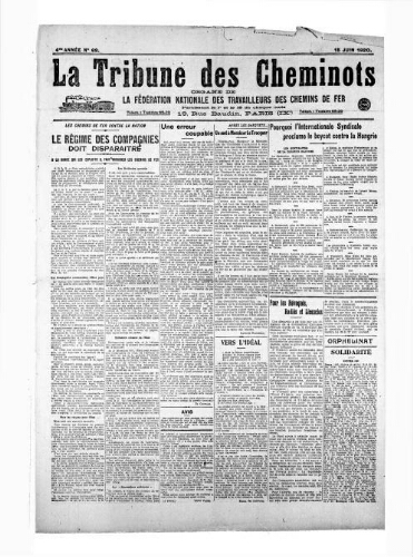 La Tribune des cheminots, n° 68, 15 juin 1920