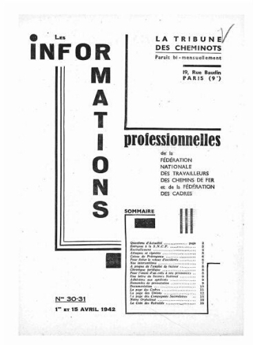 La Tribune des cheminots : les informations professionnelles de la Fédération nationale des travailleurs des chemins de fer, n°30-31, 1er avril 1942 - 15 avril 1942