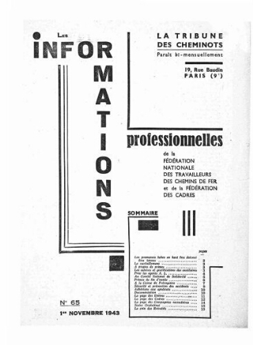 La Tribune des cheminots : les informations professionnelles de la Fédération nationale des travailleurs des chemins de fer, n° 65, 1er novembre 1943