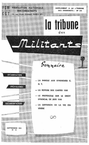 La Tribune des militants, n° 18, supplément au n° 319 de La Tribune des cheminots, Septembre 1964