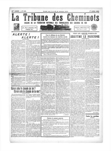 La Tribune des cheminots [confédérés], n° 449, 1er avril 1934