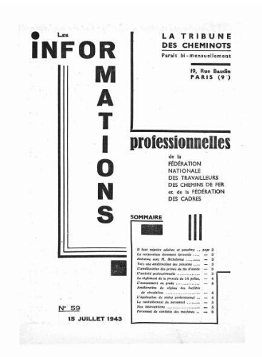 La Tribune des cheminots : les informations professionnelles de la Fédération nationale des travailleurs des chemins de fer, n° 59, 15 juillet 1943