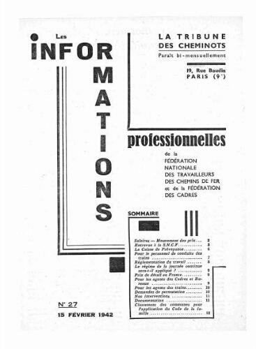 La Tribune des cheminots : les informations professionnelles de la Fédération nationale des travailleurs des chemins de fer, n° 27, 15 février 1942