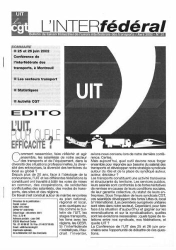 Bulletin de liaison de l'Union Interfédérale des Transports, n° 31, Avril 2002