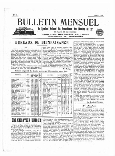 Bulletin mensuel du syndicat national des travailleurs des chemins de fer de France et des colonies, n° 21, Avril 1916
