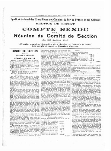 Bulletin mensuel du syndicat national des travailleurs des chemins de fer de France et des colonies, supplément au n° 13, Août 1915