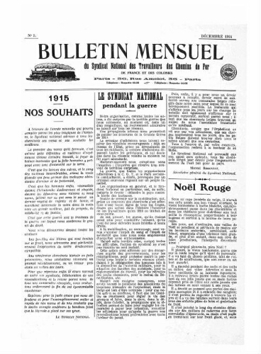 Bulletin mensuel du syndicat national des travailleurs des chemins de fer de France et des colonies, n° 5, Décembre 1914