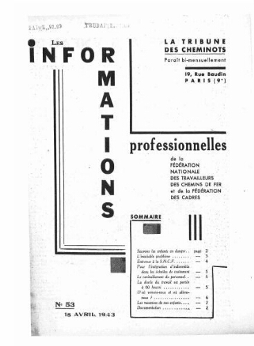 La Tribune des cheminots : les informations professionnelles de la Fédération nationale des travailleurs des chemins de fer, n° 53, 15 avril 1943