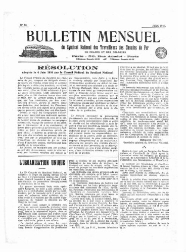 Bulletin mensuel du syndicat national des travailleurs des chemins de fer de France et des colonies, n° 23, Juin 1916